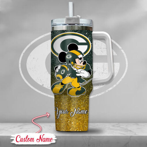 green bay packers nfl mickey mouse glitter custom stanley quencher 40oz stainless steel tumbler with handle