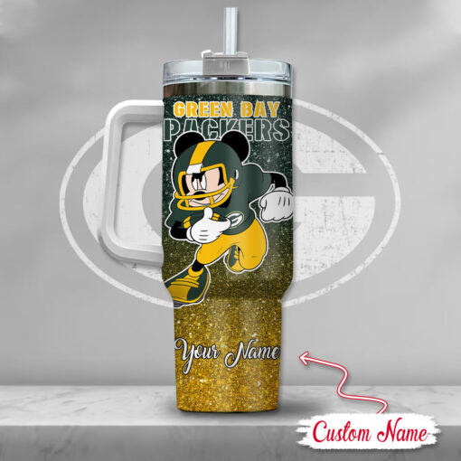 green bay packers nfl mickey mouse glitter custom stanley quencher 40oz stainless steel tumbler with handle s50sq