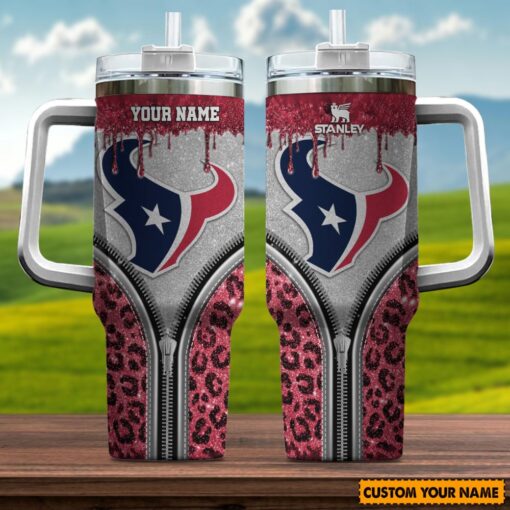 houston texans nfl glitter leopard print custom stanley quencher 40oz stainless steel tumbler with handle 3gaww 1