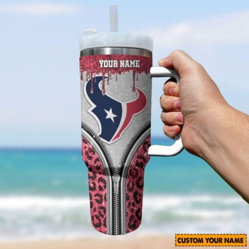 houston texans nfl glitter leopard print custom stanley quencher 40oz stainless steel tumbler with handle mbisl