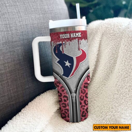 houston texans nfl glitter leopard print custom stanley quencher 40oz stainless steel tumbler with handle ylvuh