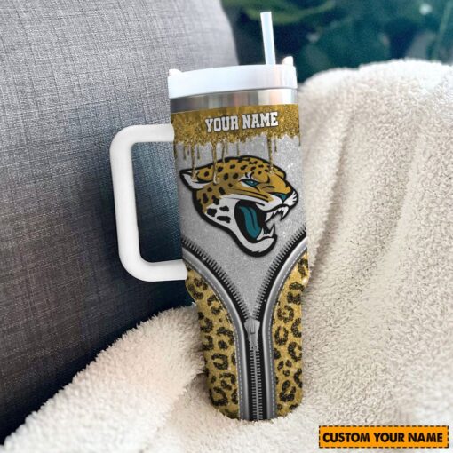 jacksonville jaguars nfl glitter leopard print custom stanley quencher 40oz stainless steel tumbler with handle zvuta