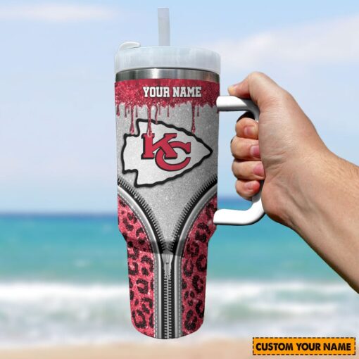 kansas city chiefs nfl glitter leopard print custom stanley quencher 40oz stainless steel tumbler with handle bzvgn