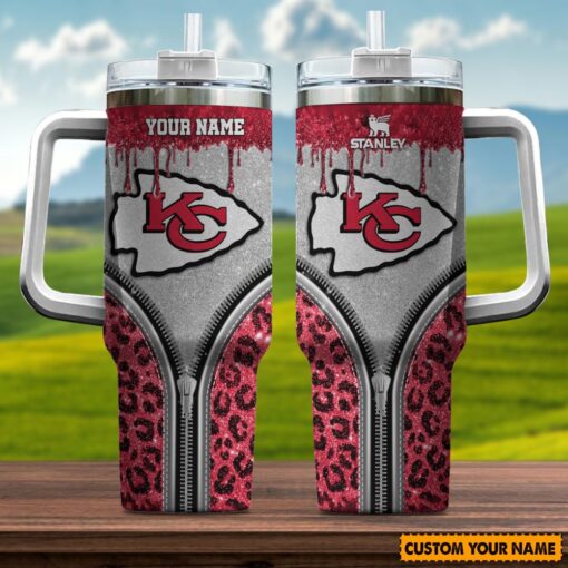 kansas city chiefs nfl glitter leopard print custom stanley quencher 40oz stainless steel tumbler with handle kgysp 1