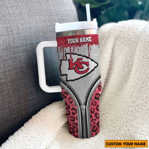 kansas city chiefs nfl glitter leopard print custom stanley quencher 40oz stainless steel tumbler with handle