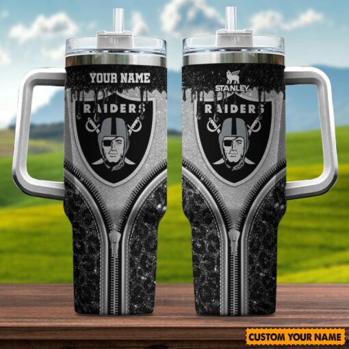 las vegas raiders nfl glitter leopard print custom stanley quencher 40oz stainless steel tumbler with handle r0anr 1