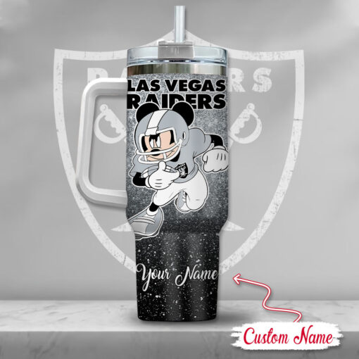 las vegas raiders nfl mickey mouse glitter custom stanley quencher 40oz stainless steel tumbler with handle