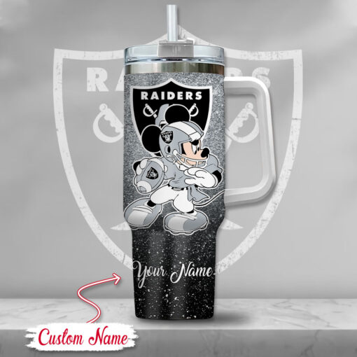 las vegas raiders nfl mickey mouse glitter custom stanley quencher 40oz stainless steel tumbler with handle