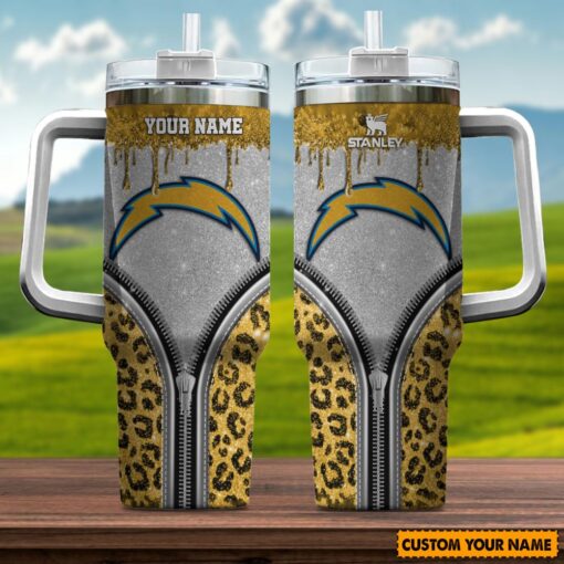 los angeles chargers nfl glitter leopard print custom stanley quencher 40oz stainless steel tumbler with handle 803iv 1