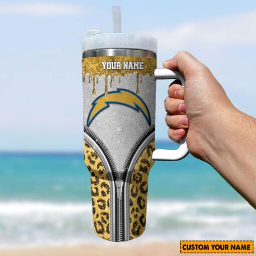 los angeles chargers nfl glitter leopard print custom stanley quencher 40oz stainless steel tumbler with handle fmiit