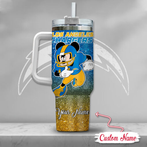 los angeles chargers nfl mickey mouse glitter custom stanley quencher 40oz stainless steel tumbler with handle fbnks