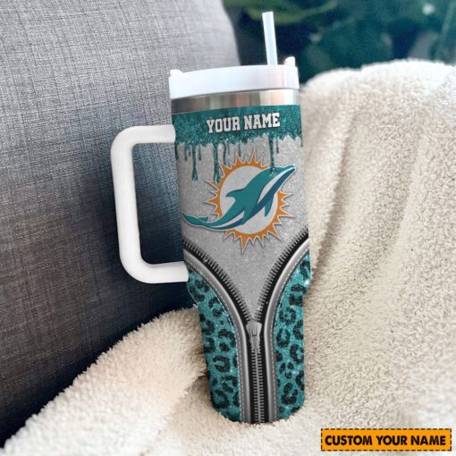 miami dolphins nfl glitter leopard print custom stanley quencher 40oz stainless steel tumbler with handle fihu8