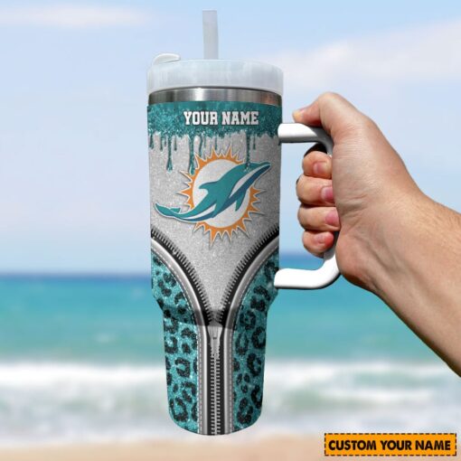 miami dolphins nfl glitter leopard print custom stanley quencher 40oz stainless steel tumbler with handle wfzal