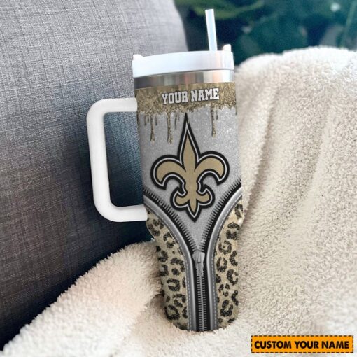 new orleans saints nfl glitter leopard print custom stanley quencher 40oz stainless steel tumbler with handle d2kuq