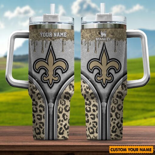 new orleans saints nfl glitter leopard print custom stanley quencher 40oz stainless steel tumbler with handle gcctj 1