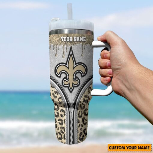 new orleans saints nfl glitter leopard print custom stanley quencher 40oz stainless steel tumbler with handle opyfq