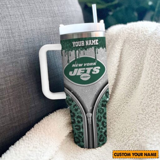 new york jets nfl glitter leopard print custom stanley quencher 40oz stainless steel tumbler with handle bh9jj