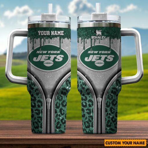 new york jets nfl glitter leopard print custom stanley quencher 40oz stainless steel tumbler with handle l9tkp 1