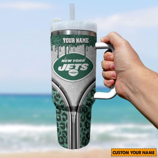 new york jets nfl glitter leopard print custom stanley quencher 40oz stainless steel tumbler with handle