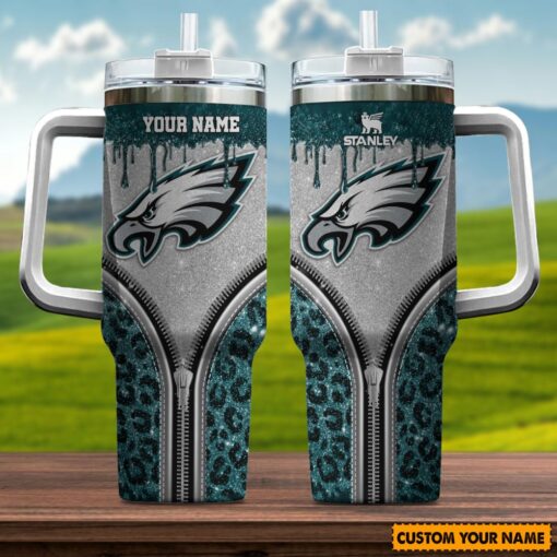 philadelphia eagles nfl glitter leopard print custom stanley quencher 40oz stainless steel tumbler with handle smsee 1