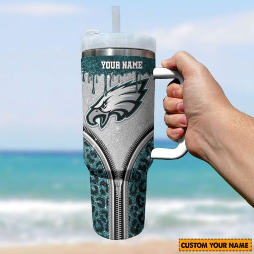 philadelphia eagles nfl glitter leopard print custom stanley quencher 40oz stainless steel tumbler with handle zhnt4