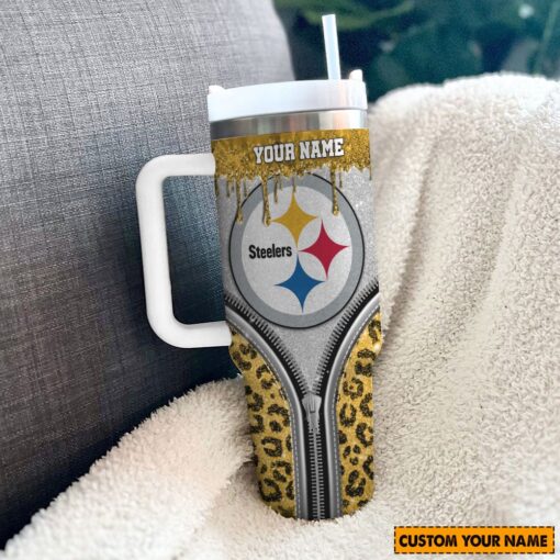 pittsburgh steelers nfl glitter leopard print custom stanley quencher 40oz stainless steel tumbler with handle t9zeo