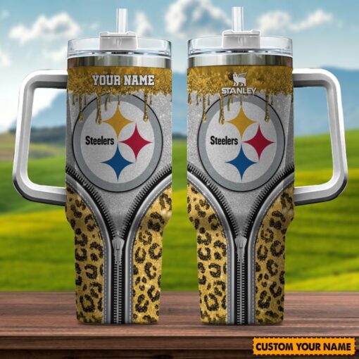 pittsburgh steelers nfl glitter leopard print custom stanley quencher 40oz stainless steel tumbler with handle wbev5 1