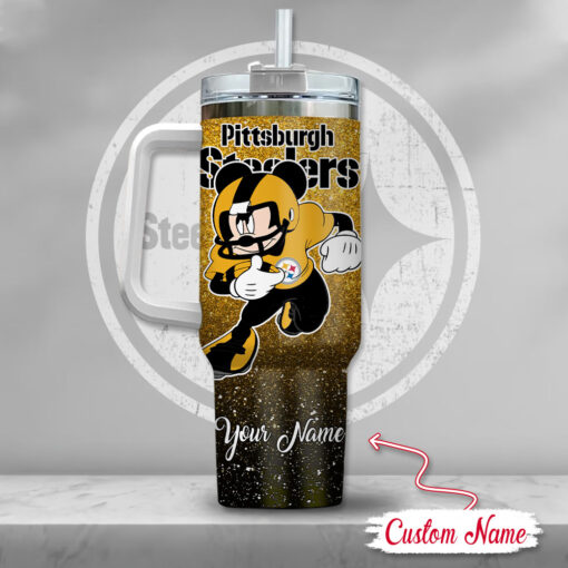 pittsburgh steelers nfl mickey mouse glitter custom stanley quencher 40oz stainless steel tumbler with handle byykh