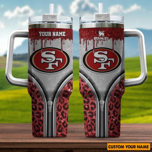 san francisco 49ers nfl glitter leopard print custom stanley quencher 40oz stainless steel tumbler with handle