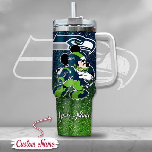 seattle seahawks nfl mickey mouse glitter custom stanley quencher 40oz stainless steel tumbler with handle