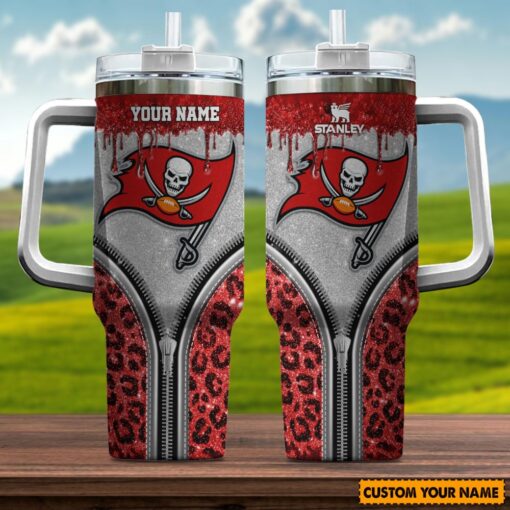 tampa bay buccaneers nfl glitter leopard print custom stanley quencher 40oz stainless steel tumbler with handle v3dso