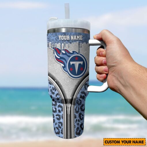 tennessee titans nfl glitter leopard print custom stanley quencher 40oz stainless steel tumbler with handle m0fng