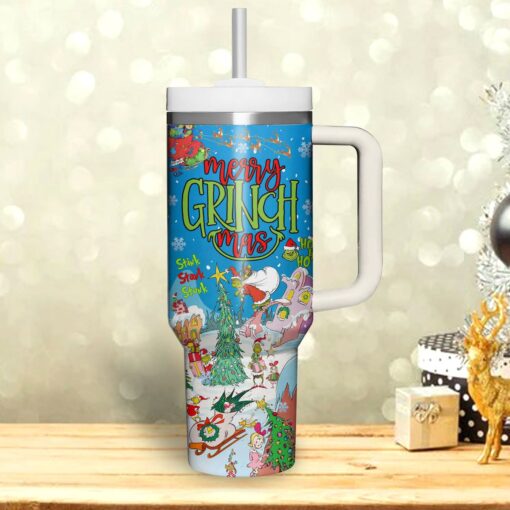 the grinch christmas cartoon custom stanley quencher 40oz stainless steel tumbler with handle kwvhf