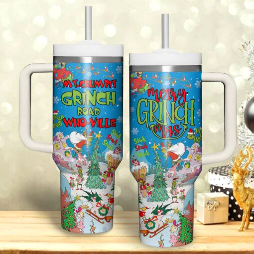 the grinch christmas cartoon custom stanley quencher 40oz stainless steel tumbler with handle mndtt 1